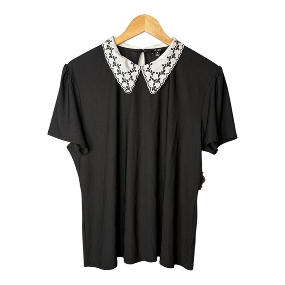 A.U.W. Women XL Black Top Peter Pan Collar Embroidered Short Sleeve Blouse NWT‎ - Picture 3 of 10